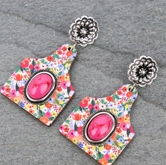 Floral Cattle Tag Wooden Stud Earrings